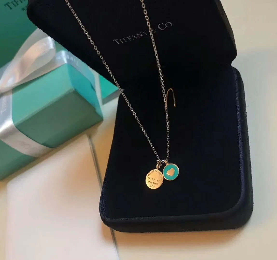 Luxury Replicated Tiffany Blue Enamel Heart Shape Ladies 925 Silver Double Round Pendant Necklace UK Sale 36517204
