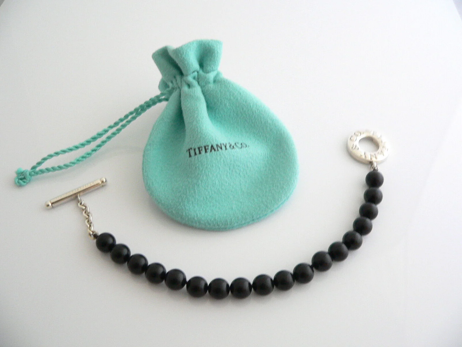 Tiffany & Co Silver Onyx Bead Toggle Bracelet Bangle Gift Pouch Gemstone