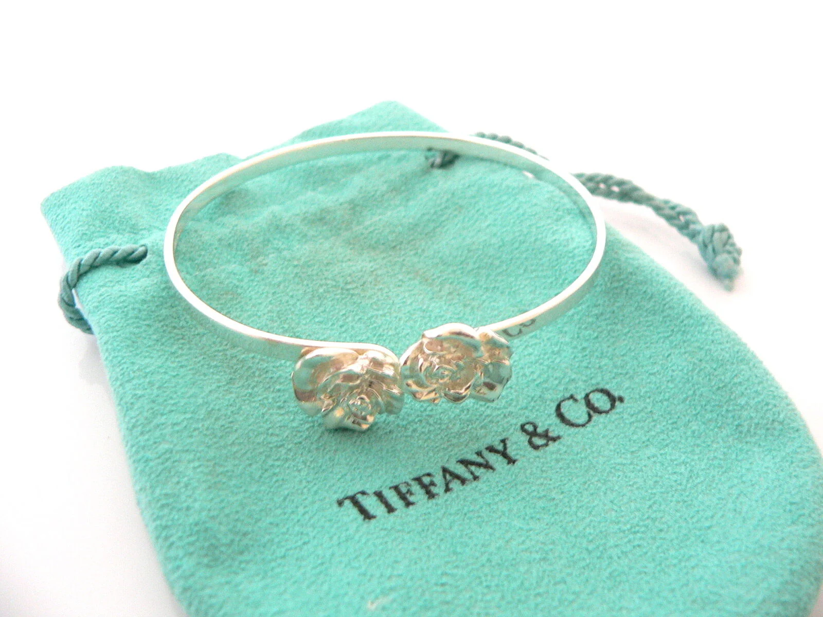 Tiffany & Co Silver Rose Nature Flower Bangle Bracelet Pouch Gift Love T and Co