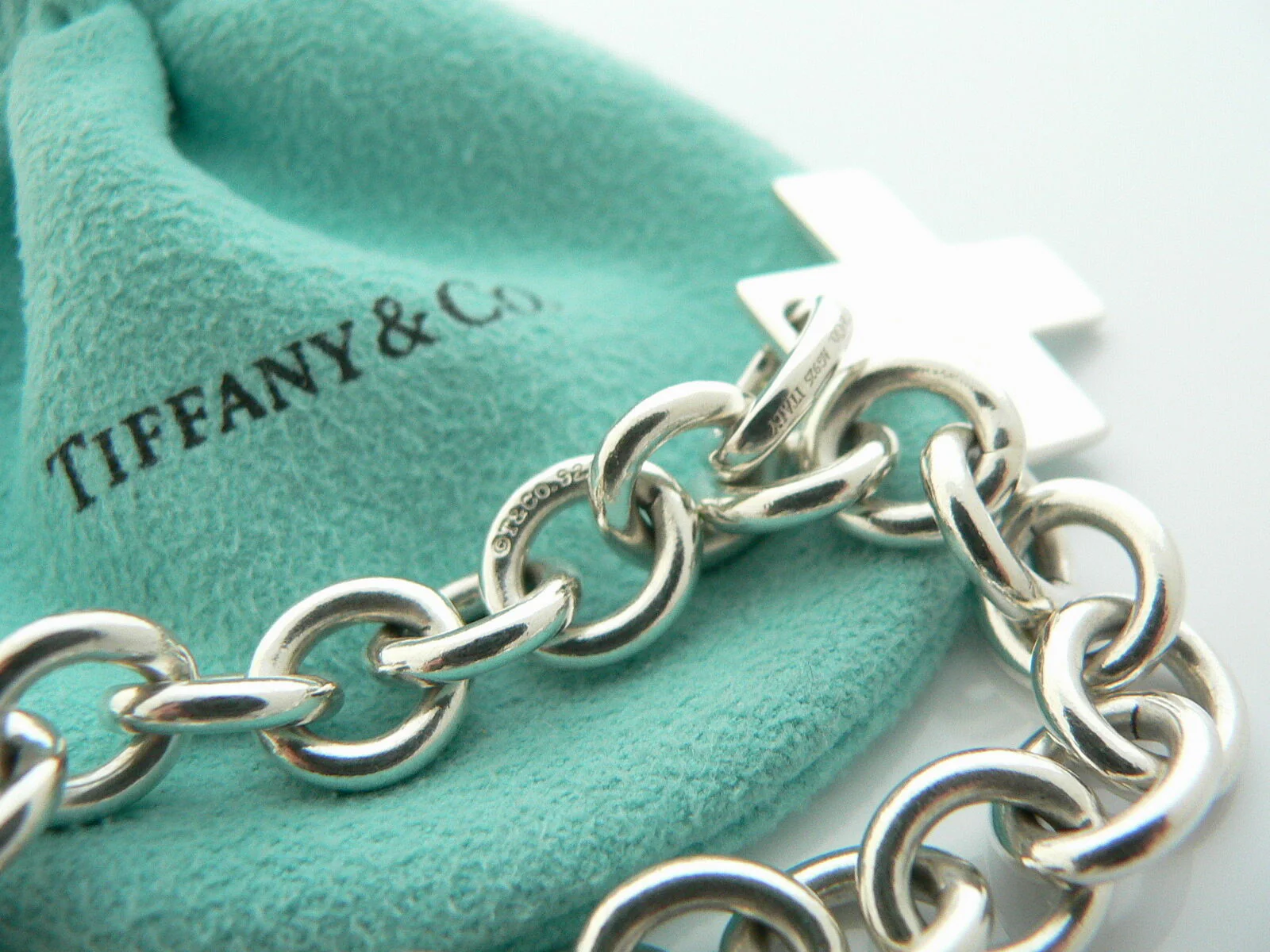Tiffany & Co Silver 1837 Cross Bracelet Bangle Charm Clasp Gift Pouch Love Rare
