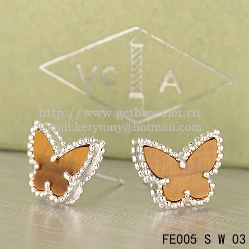 Van Cleef & Arpels Sweet Alhambra Butterfly Earrings White Gold With Tiger's Eye Mother Of Pearl