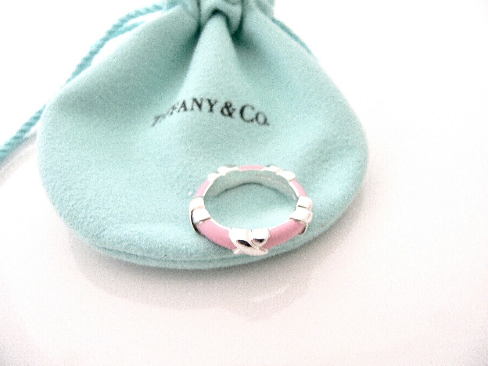 Tiffany & Co Pink Enamel Signature X Ring Band Sz 5.75 Love Gift Pouch T and Co