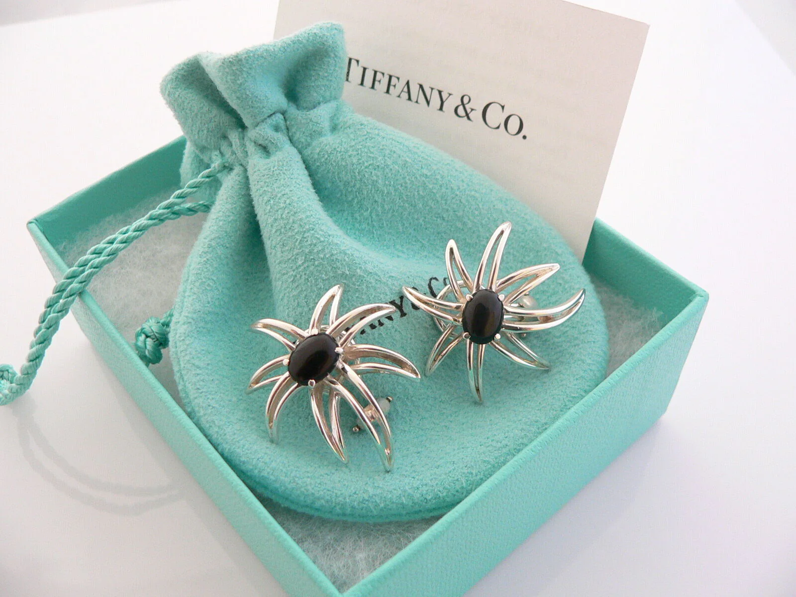 Tiffany & Co Silver Onyx Fireworks Clip On Earrings Gift Pouch Gemstone Love