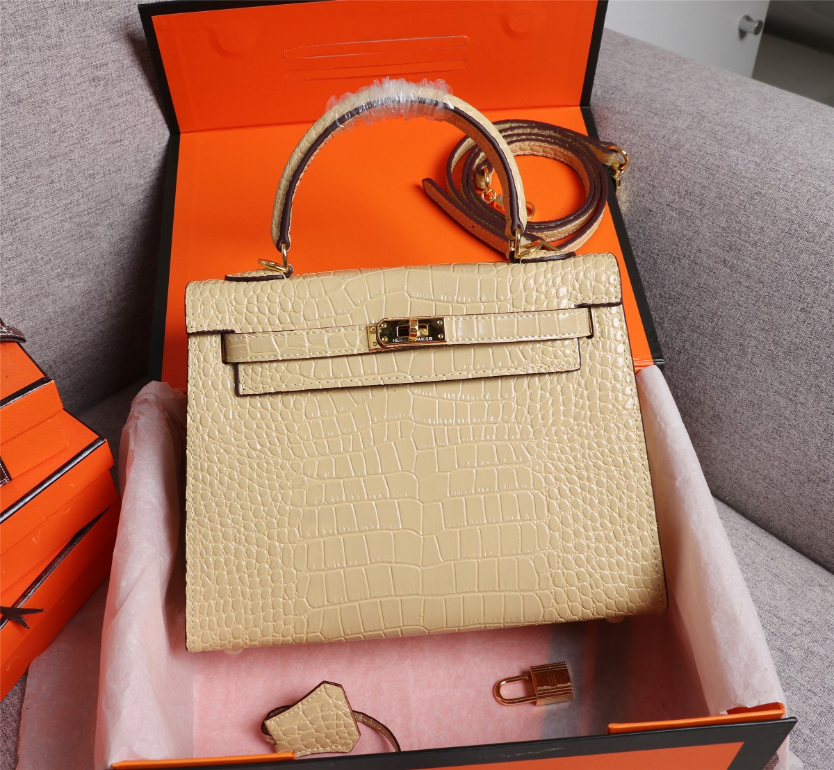 Hermes Kelly Gold Buckle Bag-Crocodile Handbag Shoulder Bag(Replica)