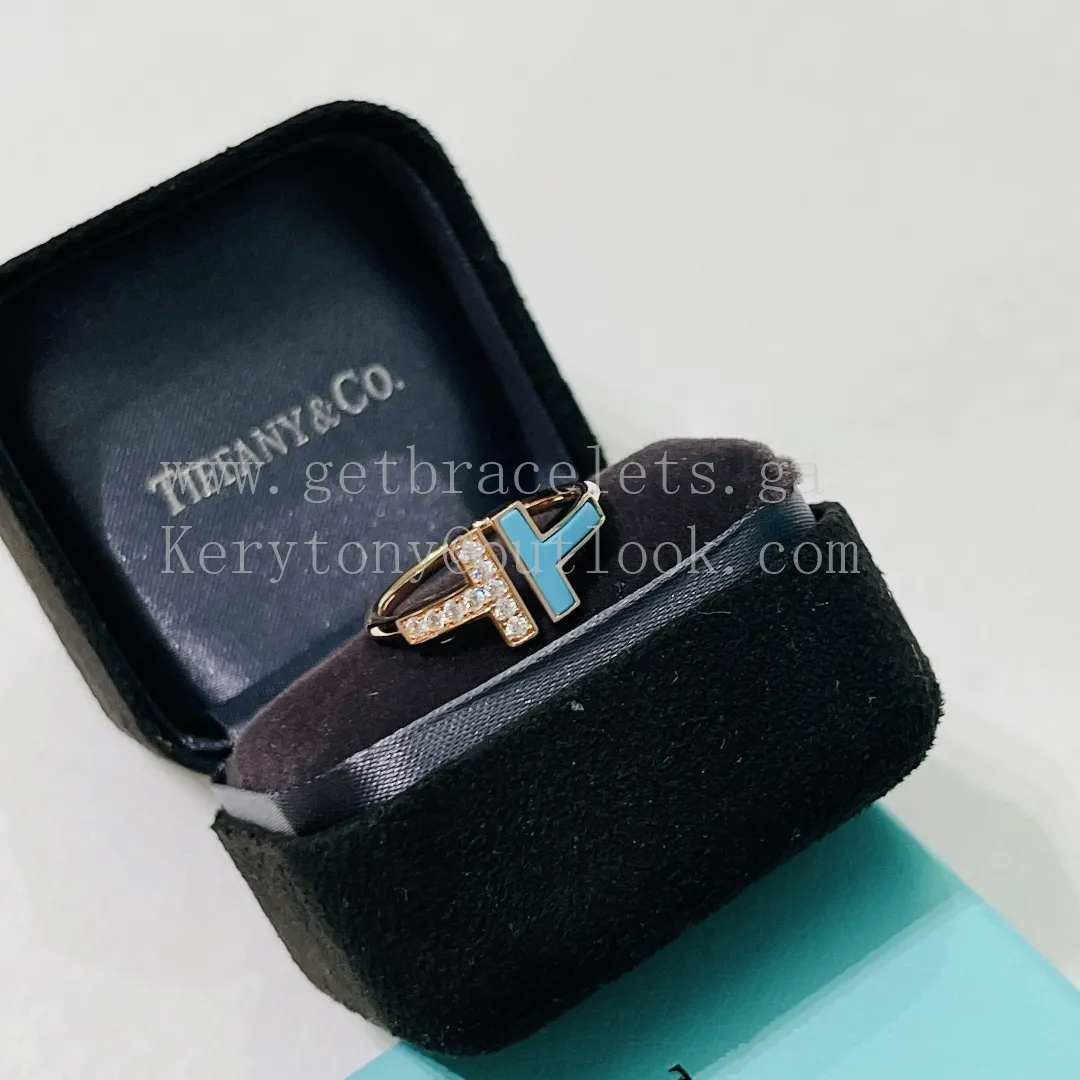 Tiffany T Wire Ring Turquoise and Diamonds Rose Gold