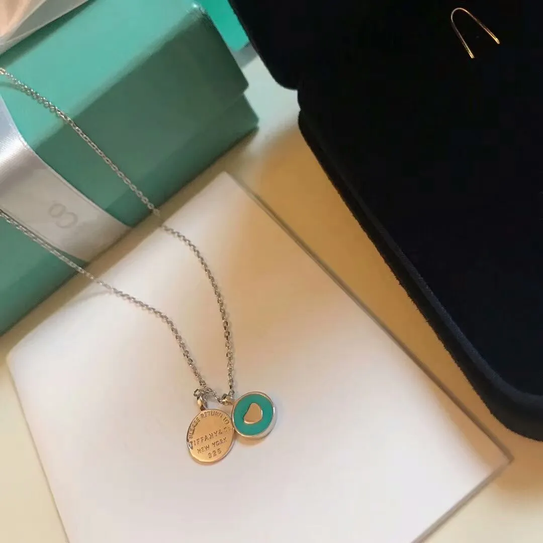 Luxury Replicated Tiffany Blue Enamel Heart Shape Ladies 925 Silver Double Round Pendant Necklace UK Sale 36517204