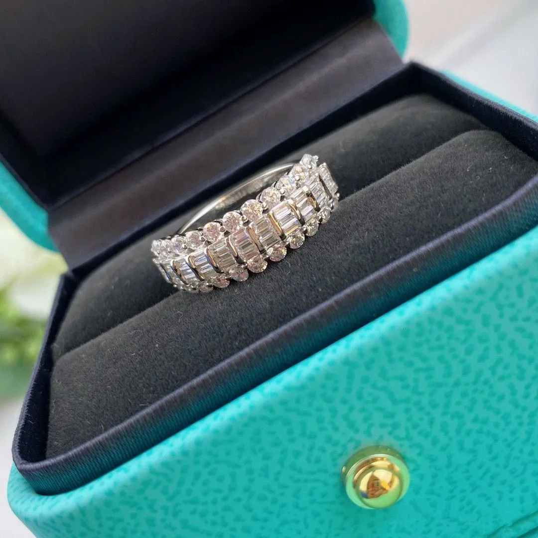 2021 Style Tiffany Sterling Silver Women White Gold Three-row Diamonds Fashion Ring 5/6/7/8 (US)