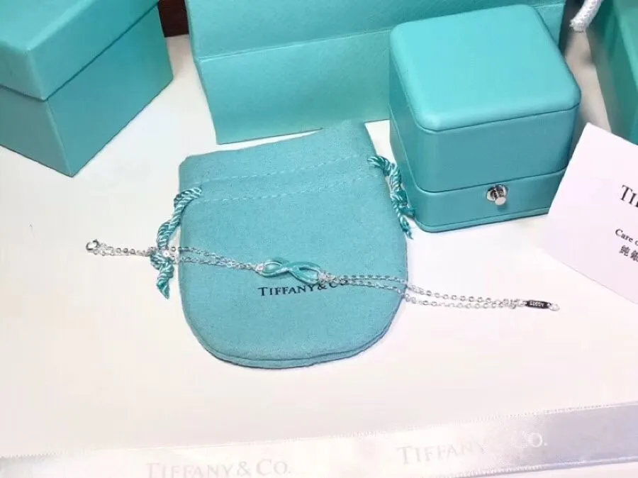 Fashion Tiffany Infinity Silver Double Chains Fashion Blue Enamel Finish Pendant Bracelet Engagement Lady Jewelrys GRP09427