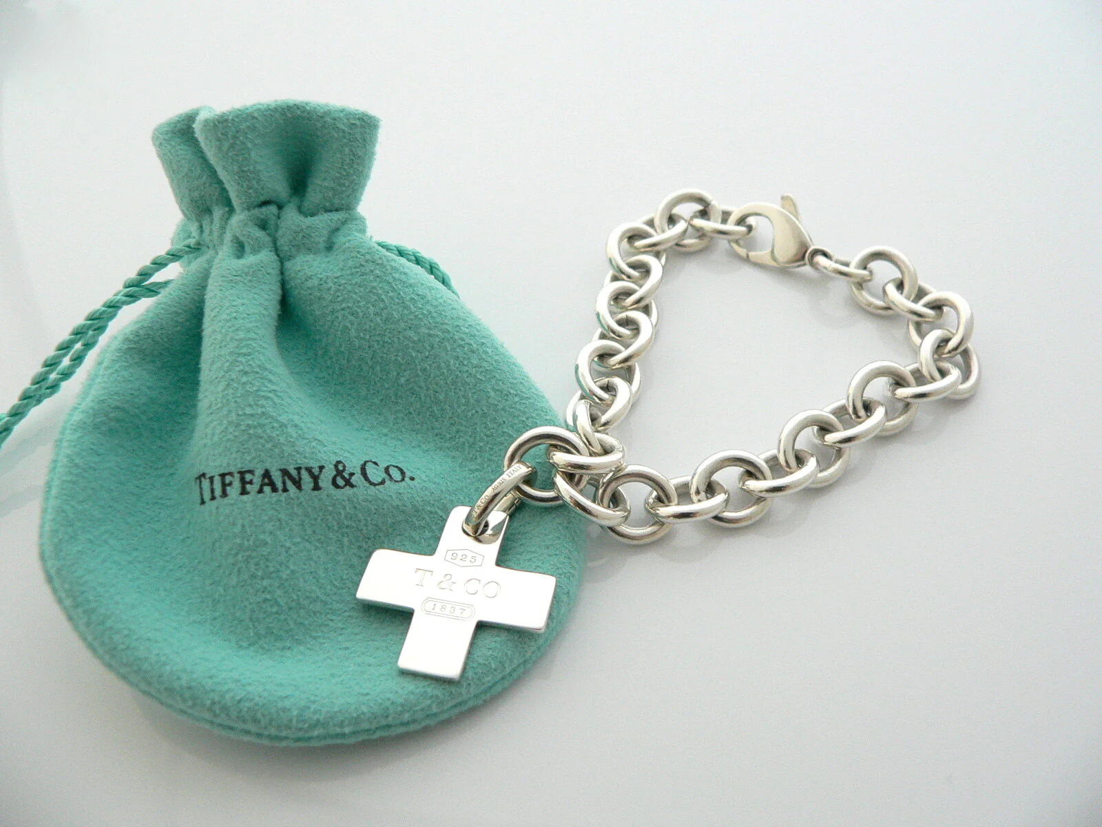 Tiffany & Co Silver 1837 Cross Bracelet Bangle Charm Clasp Gift Pouch Love Rare