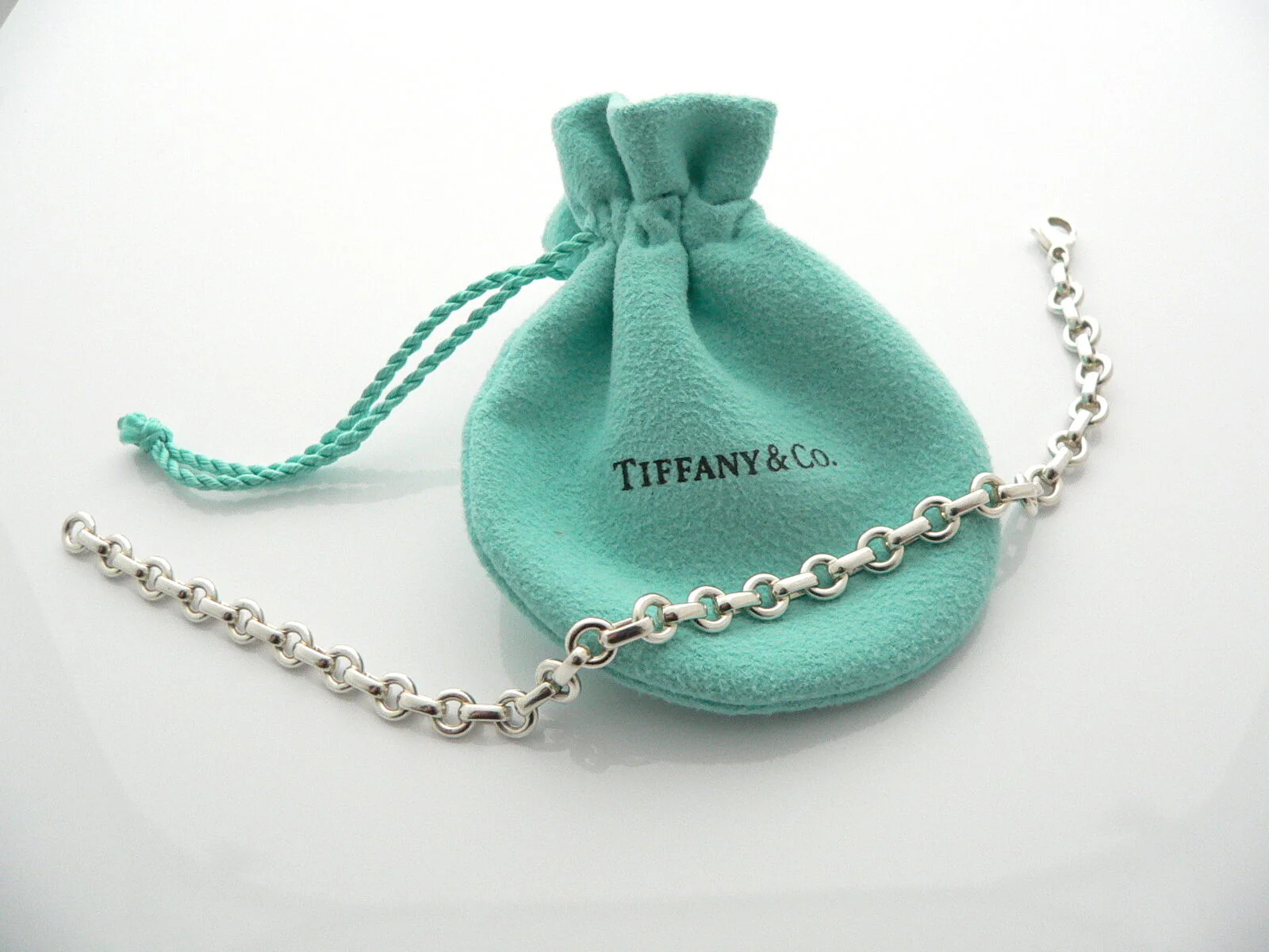 Tiffany & Co Donut Bracelet Bangle Chain Link 8.5 Inch Longer Silver Gift Pouch