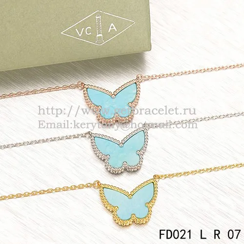 Van Cleef Arpels Lucky Alhambra Butterfly Pendant Pink Gold With Turquoise Mother Of Pearl