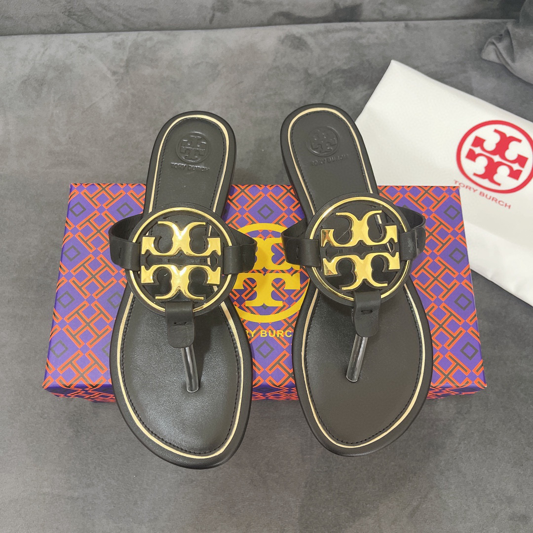 Tory Burch Leather Metal Double T Logo Flip-flops Sandals Slide (Replica)