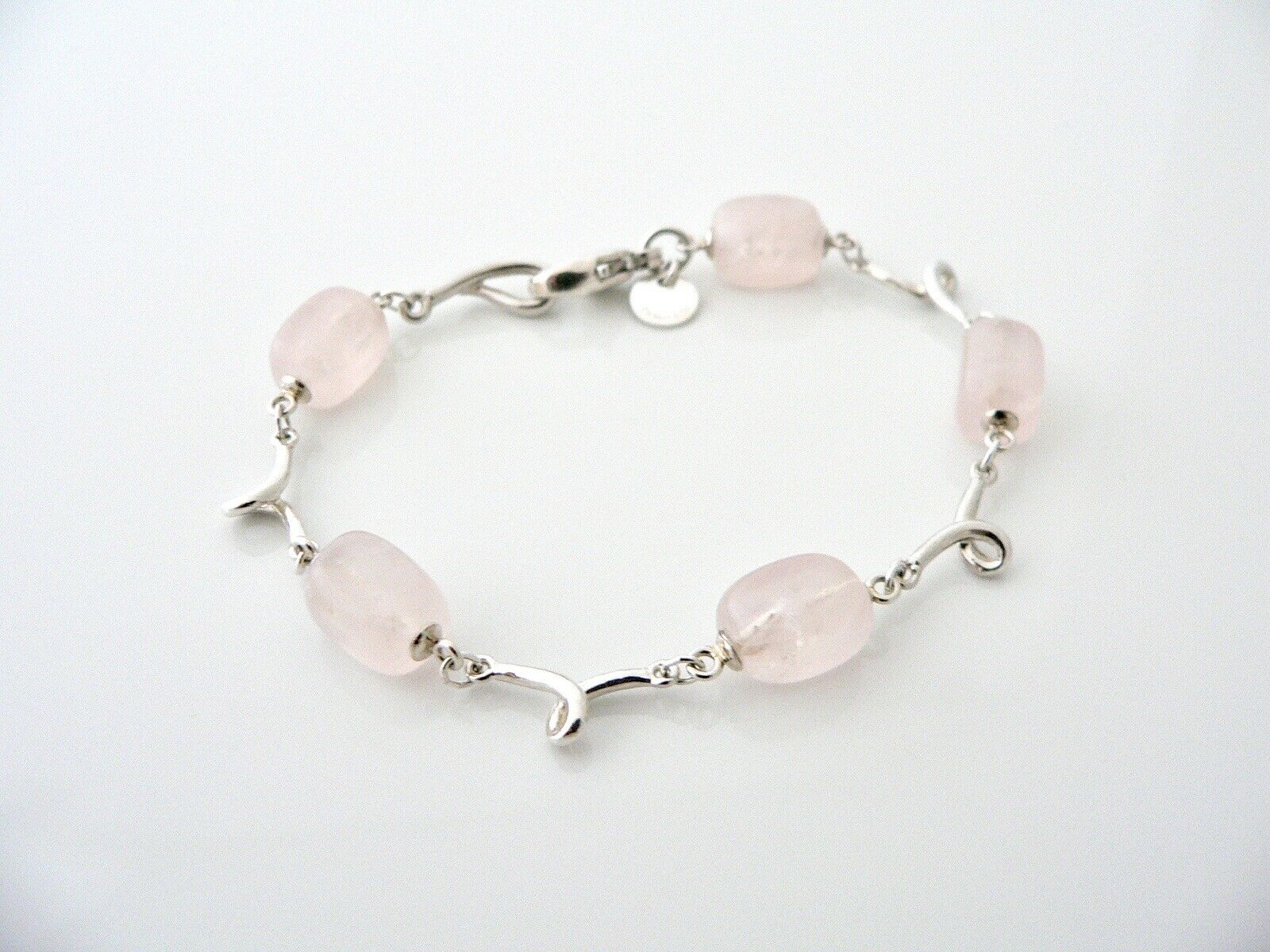 Tiffany & Co Pink Rose Quartz Gemstone Bracelet Bangle Chain Silver Love Gift