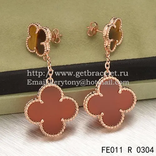 Van Cleef & Arpels Magic Alhambra Earrings Pink Gold With Tiger's Eye Carnelian