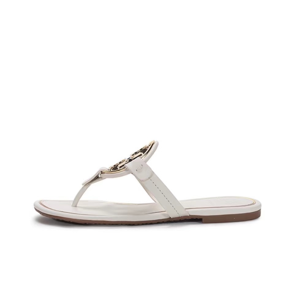 Tory Burch Leather Metal Double T Logo Flip-flops Sandals Slide (Replica)