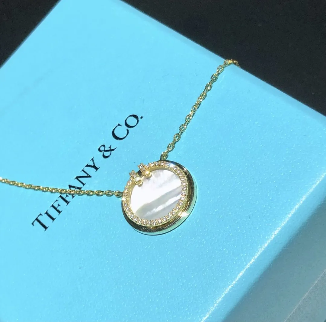 Women's Latest Style Tiffany Double T Diamonds Circle Mother-Of-Pearl Pendant Silver Necklace