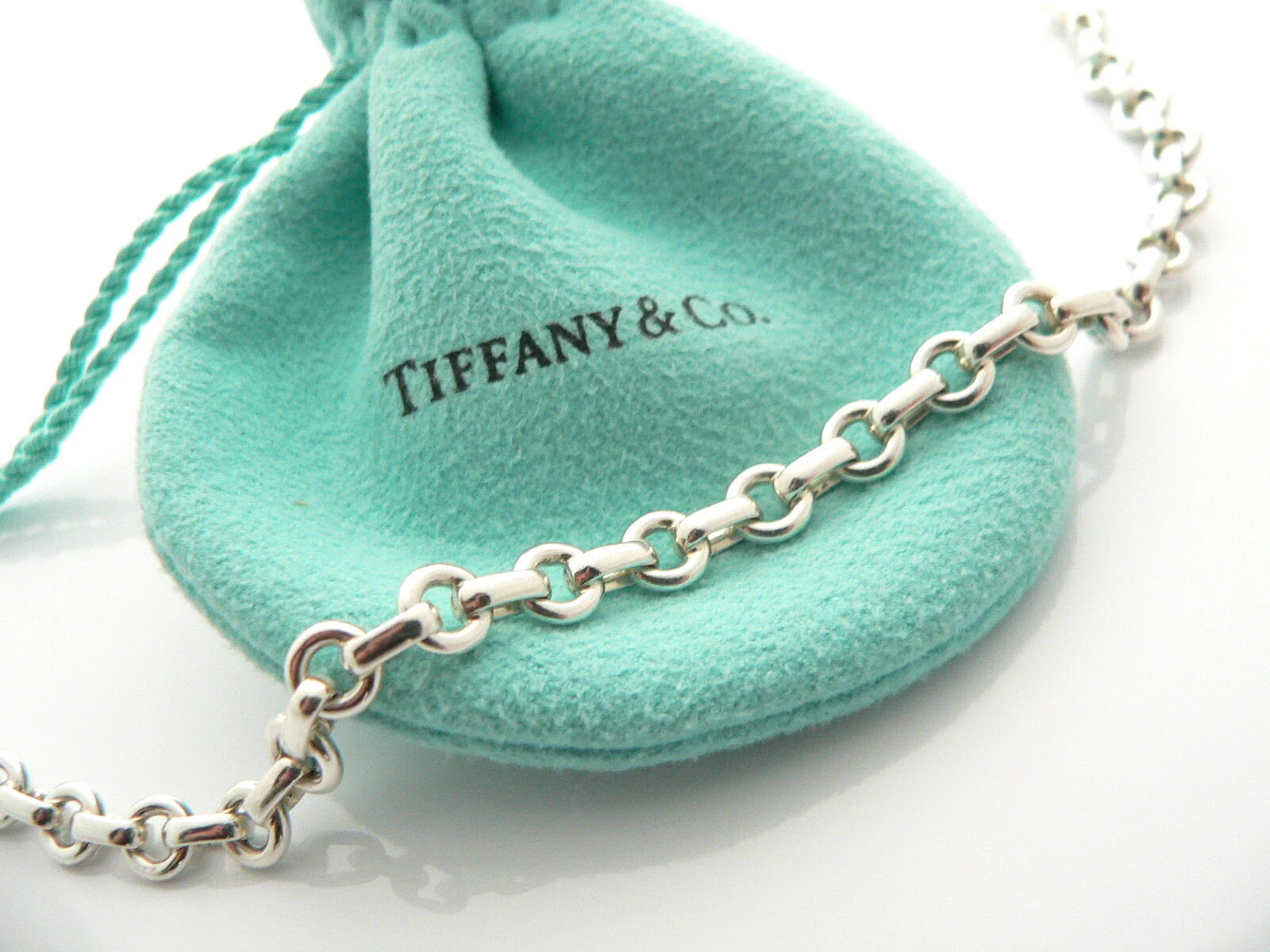 Tiffany & Co Donut Bracelet Bangle Chain Link 8.5 Inch Longer Silver Gift Pouch