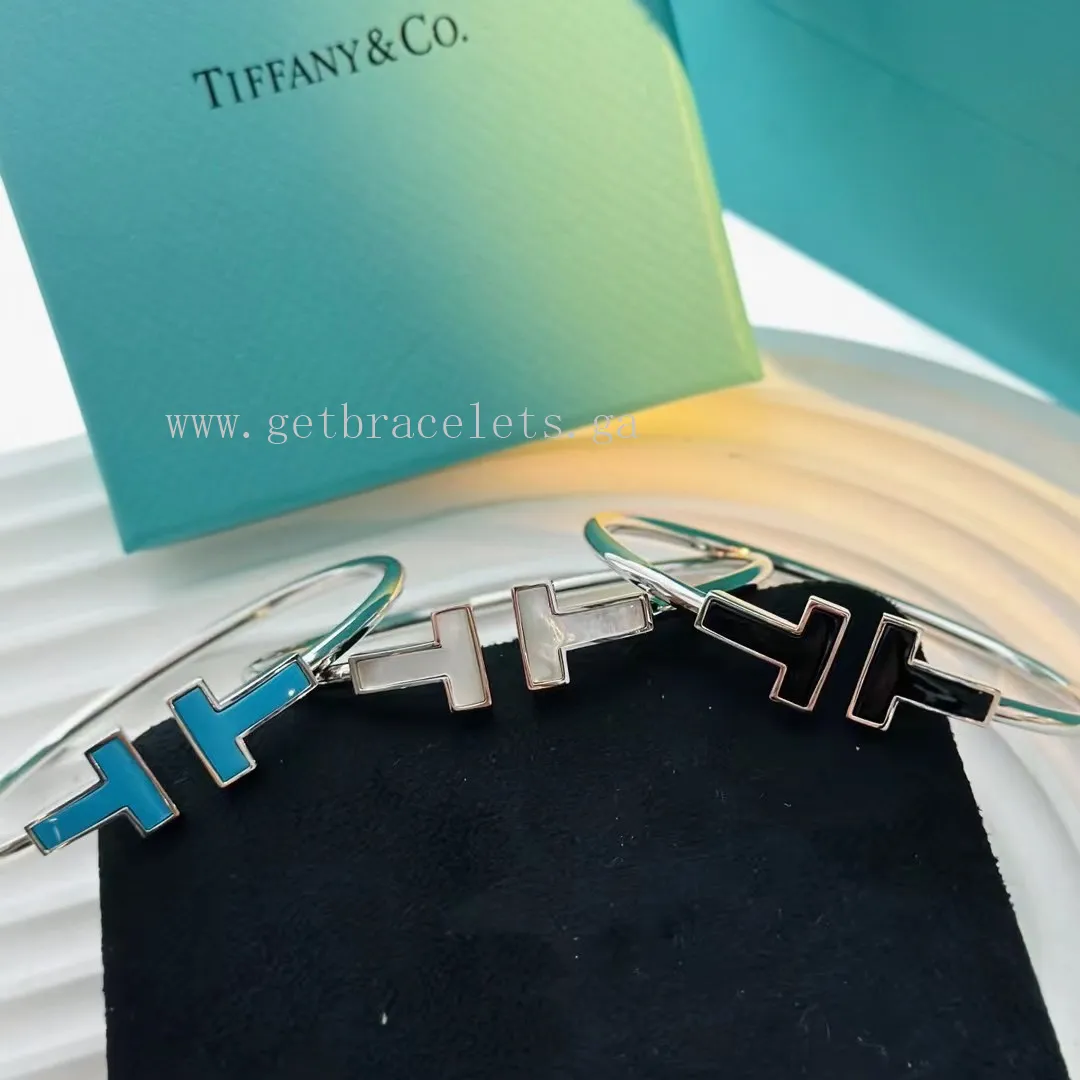 Tiffany T Wide Turquoise/Onyx/Mother-of-pearl Wire Bracelet White Gold