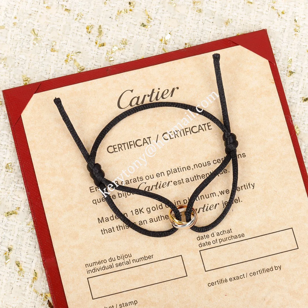 Unique Style Cartier Trinity Black Rope Bracelet White Gold/Yellow God/Rose Gold B6016700 Fake