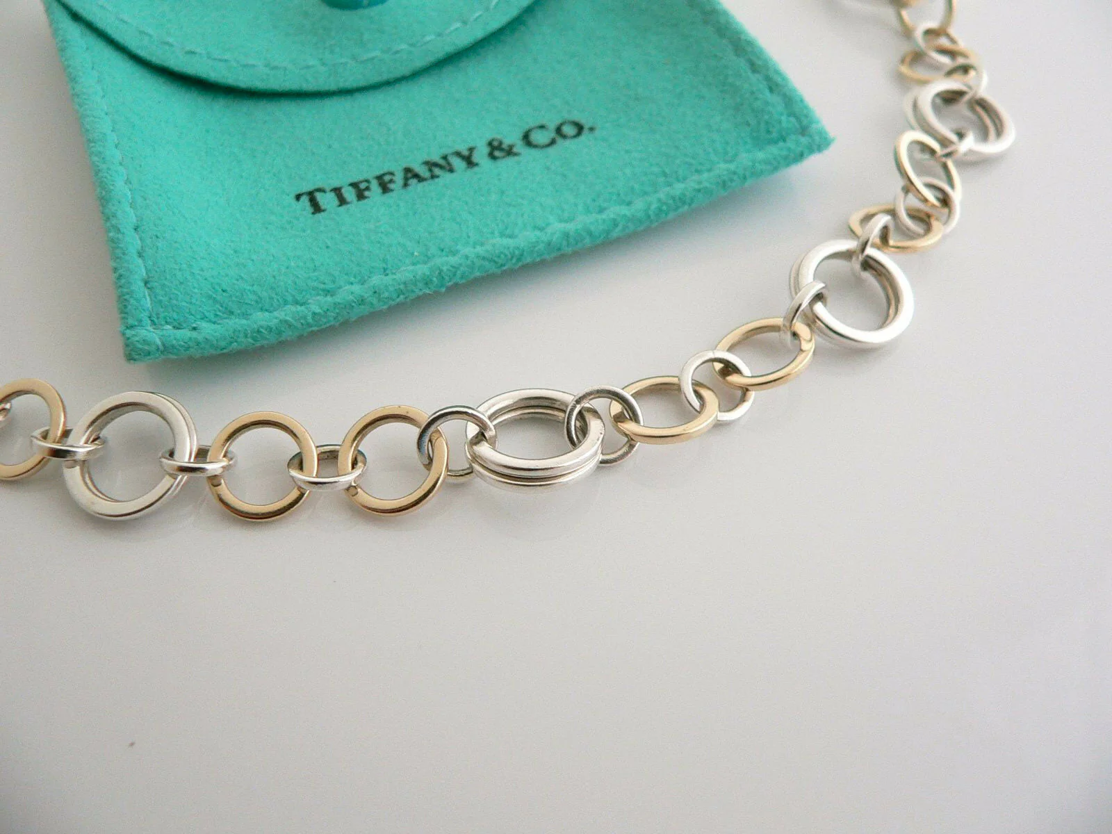 Tiffany & Co Silver 18K Gold Circles Bracelet Link Bangle 8 Inch Love Gift Pouch