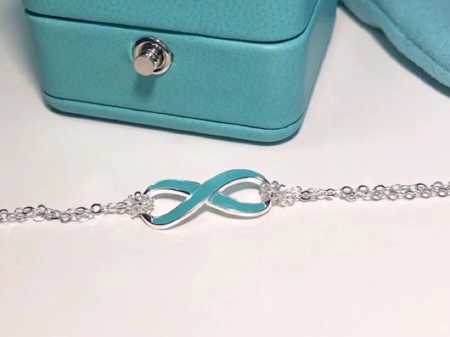 Fashion Tiffany Infinity Silver Double Chains Fashion Blue Enamel Finish Pendant Bracelet Engagement Lady Jewelrys GRP09427