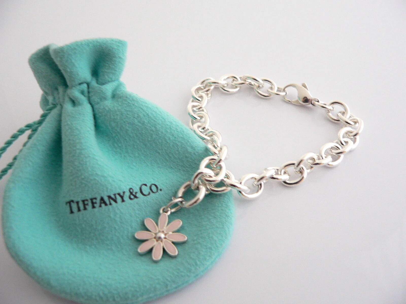 Tiffany & Co Daisy Flower Bracelet Silver Pink Enamel Bangle Charm Clasp Gift