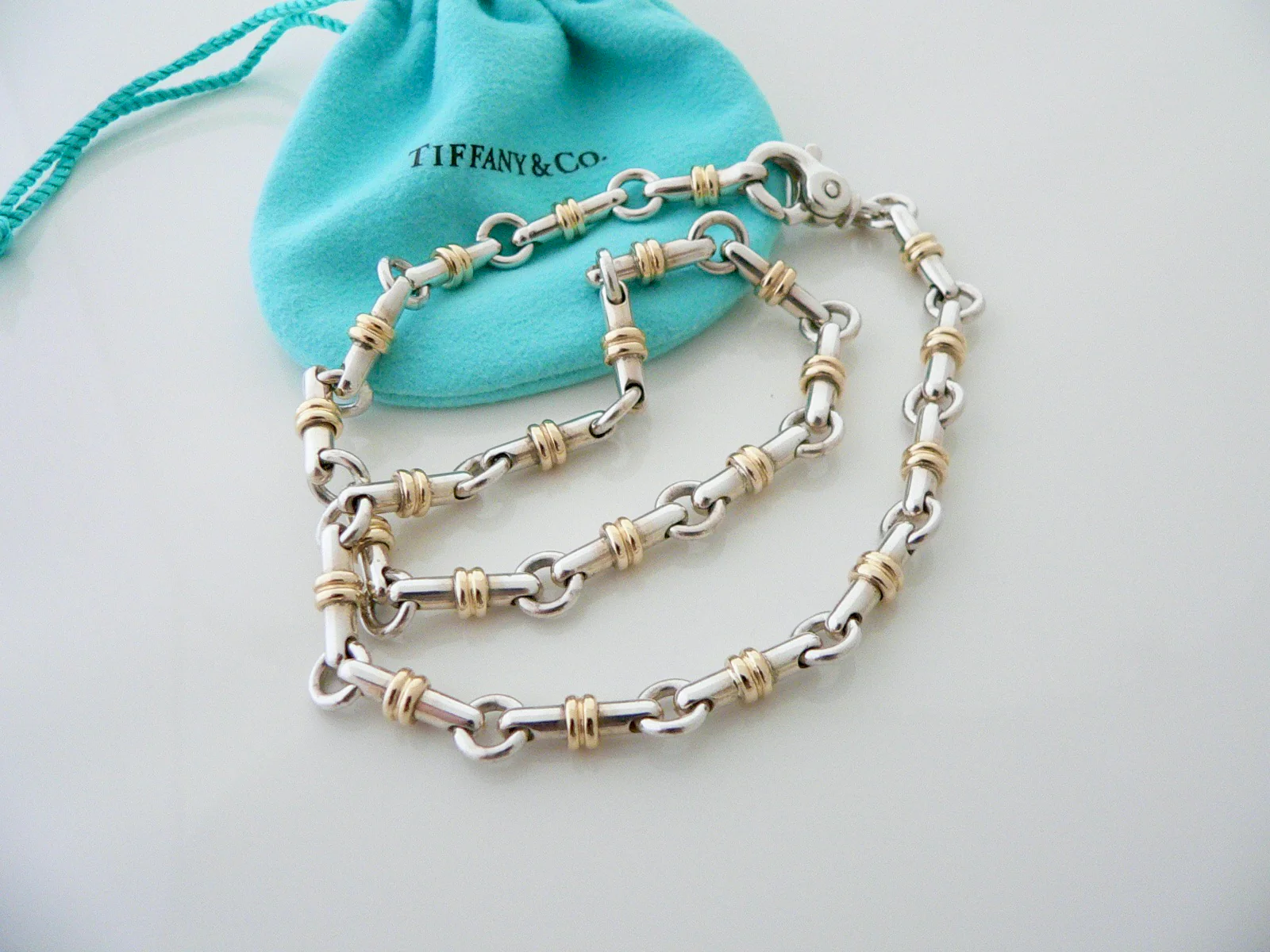 Tiffany & Co Silver Gold Bar Link Tube Necklace Pendant Chain Gift Pouch Cocktail Party Heavy
