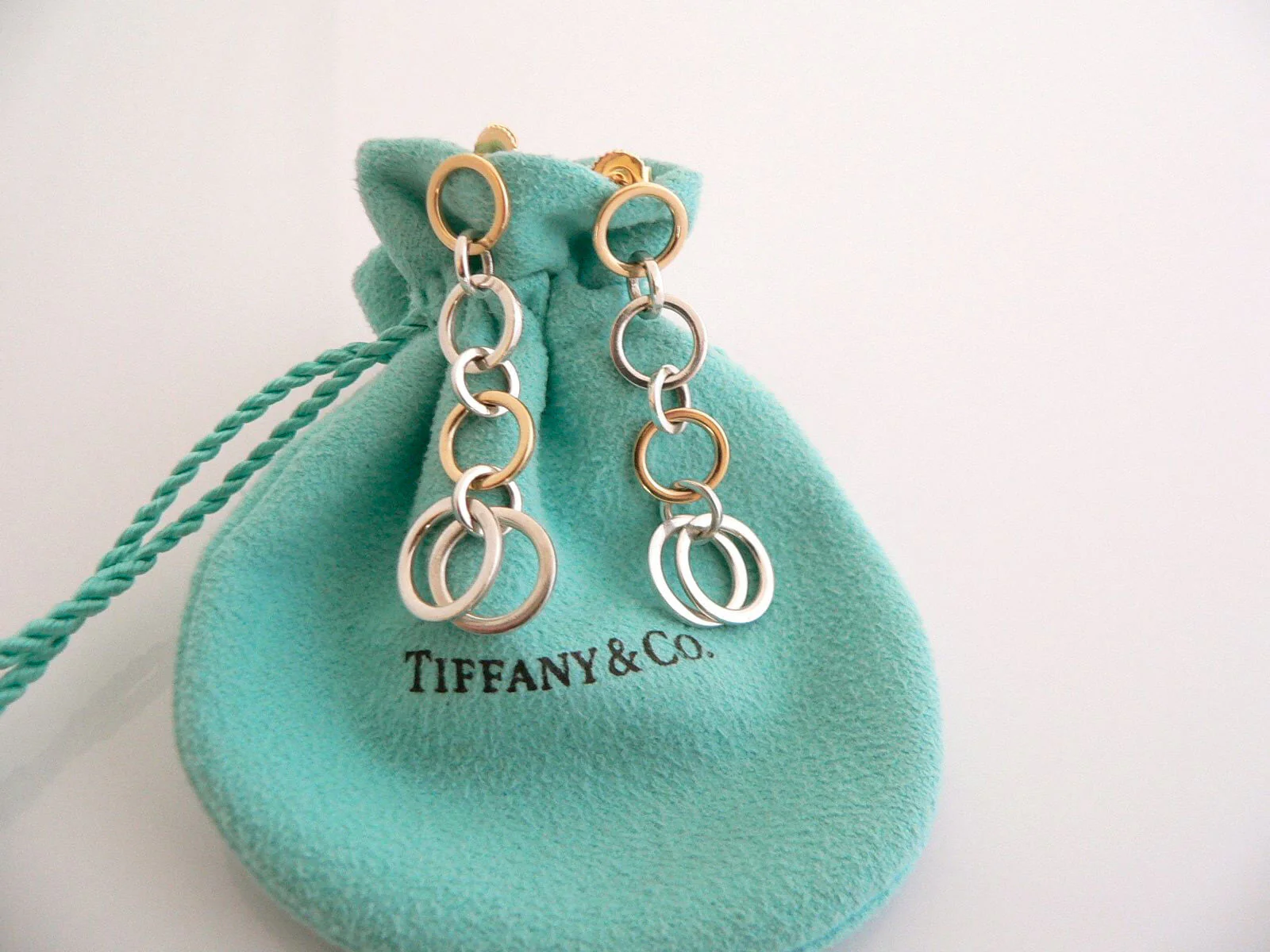 Tiffany & Co Silver 18K Gold Circles Dangling Dangle Earrings Love Gift Pouch