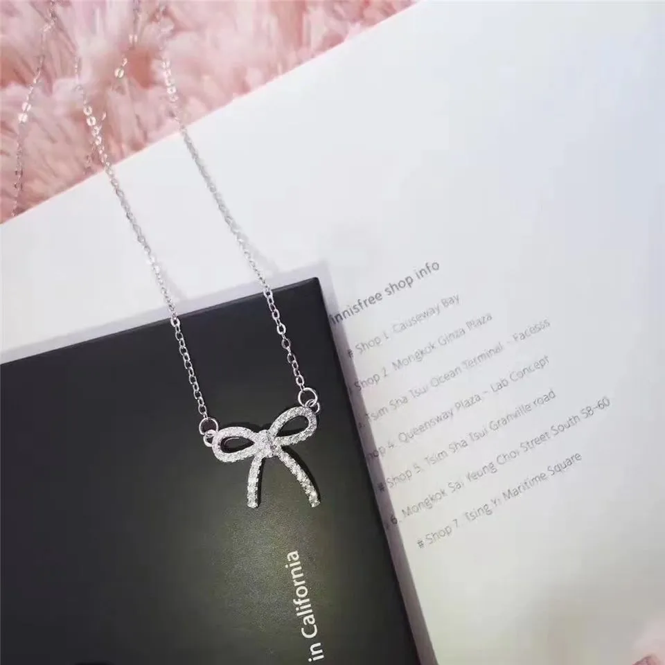 Nice Price Tiffany Bow Bowknot Pendant Studded Crystals Necklace Low Price Sale