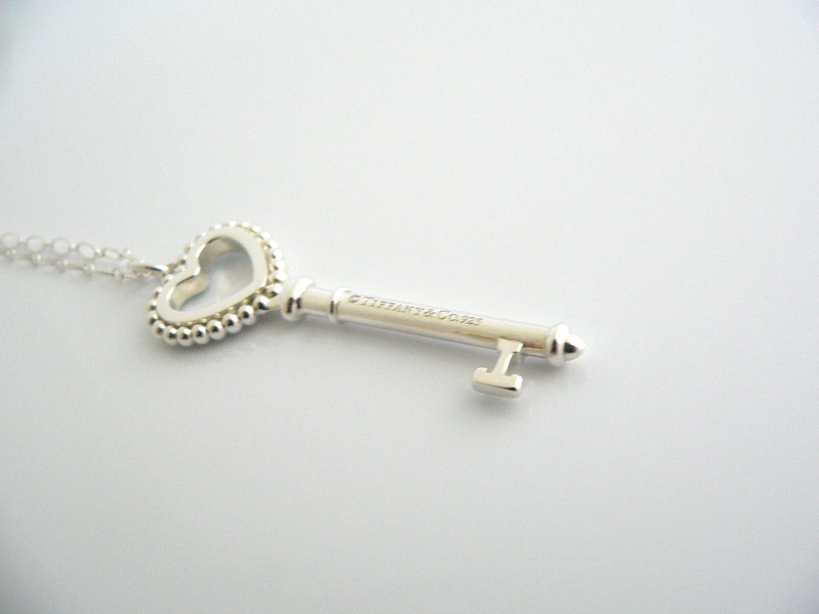 Tiffany Co Silver Blue Enamel Heart Key Necklace Pendant Bead Charm Gift Love
