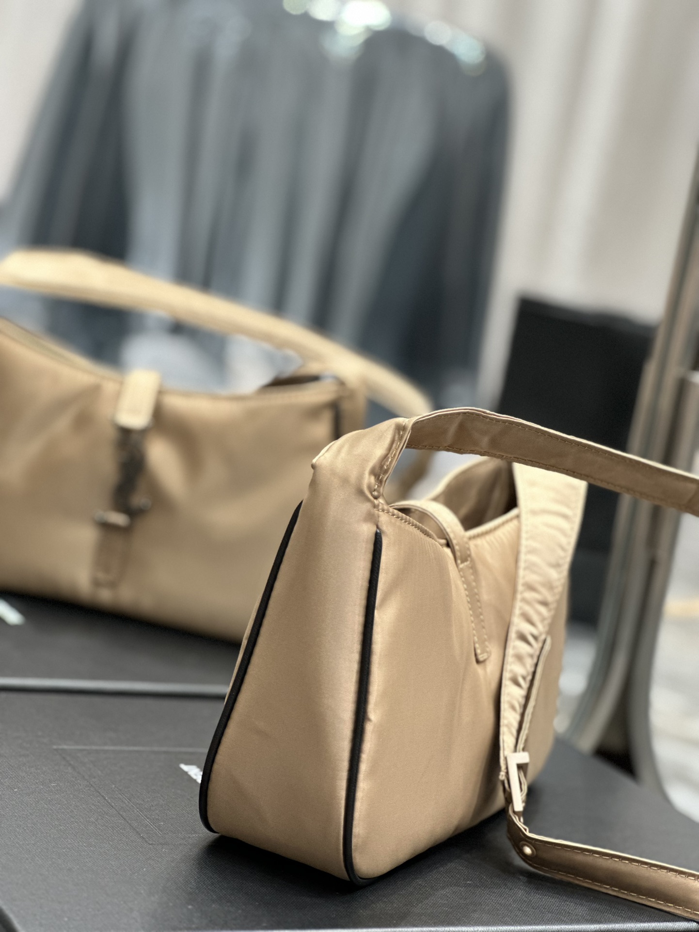 Saint Laurent 10A Handbag Shoulder Bag Top Mirror Quality Version Apricot Silver Buckle with Black Trim Nylon