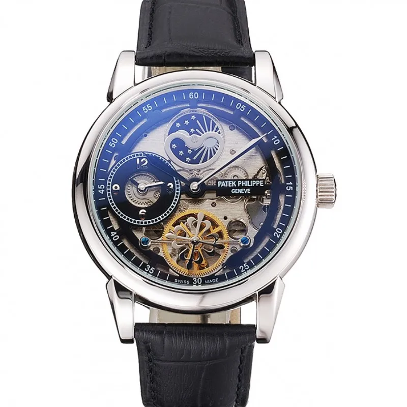 Dual Time Moonphase Tourbillon Black Skeletonised Dial 44 mm, Stainless Steel