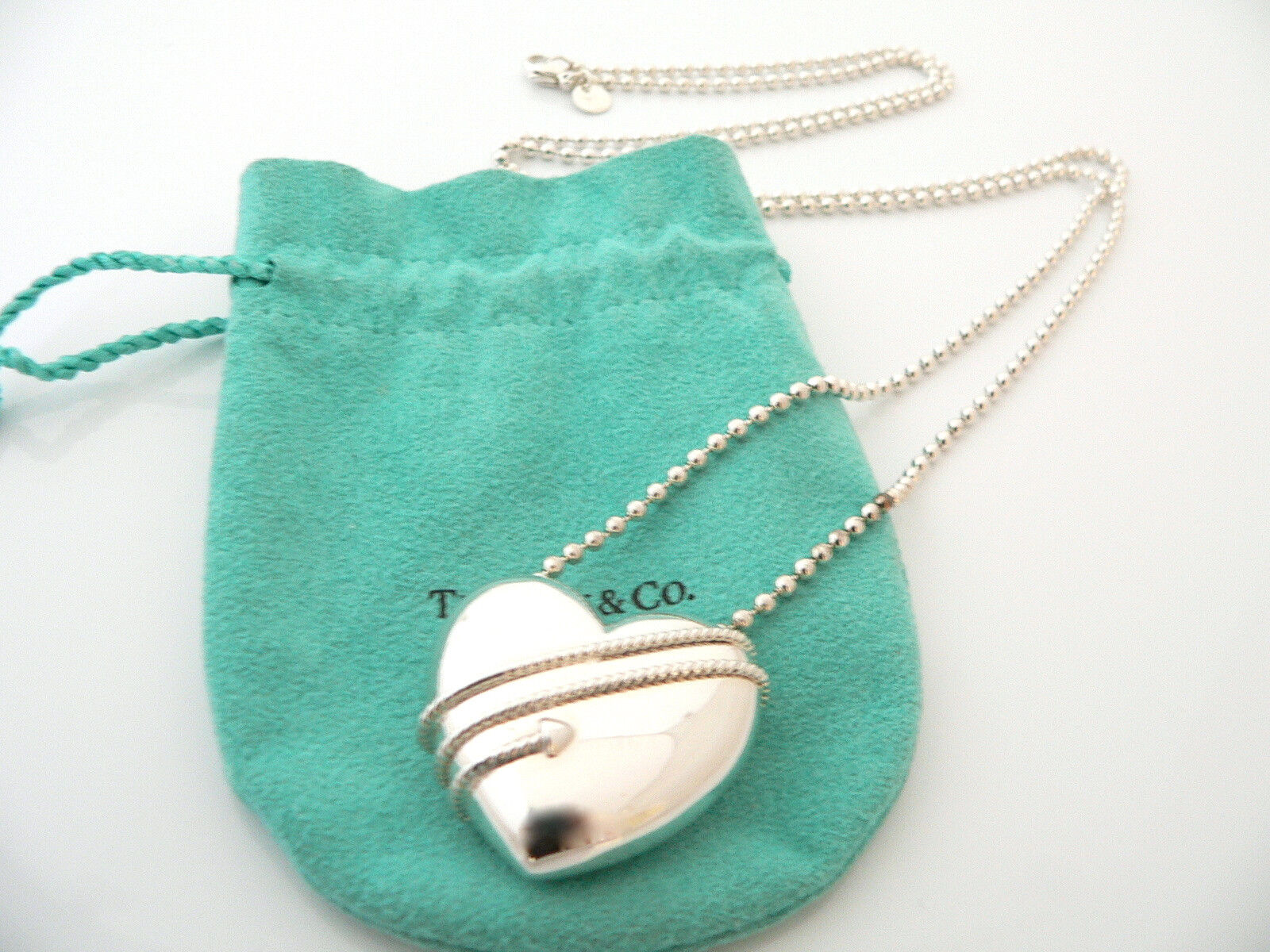 Tiffany & Co Heart Arrow Necklace Silver Large Pendant Long Bead Chain Gift Art