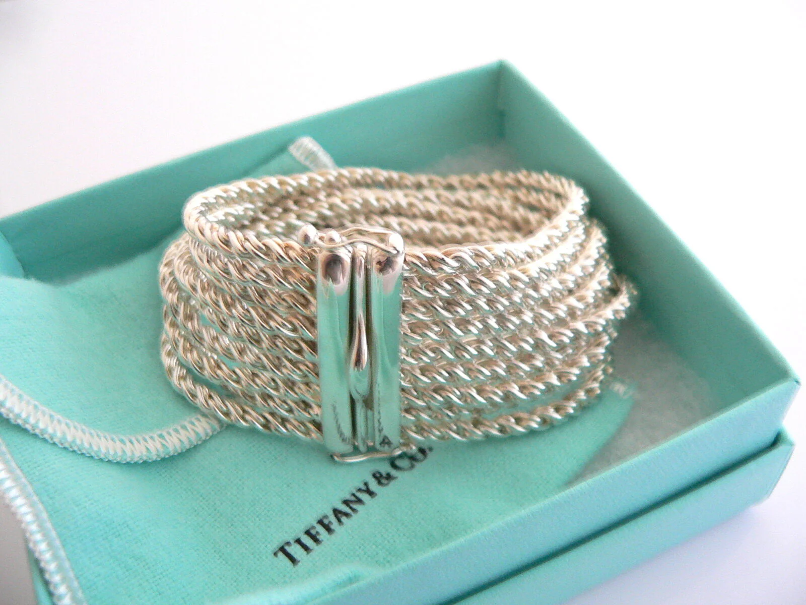 Tiffany & Co Silver 9 Nine Cable Rope Link Bracelet Bangle Gift Love Pouch