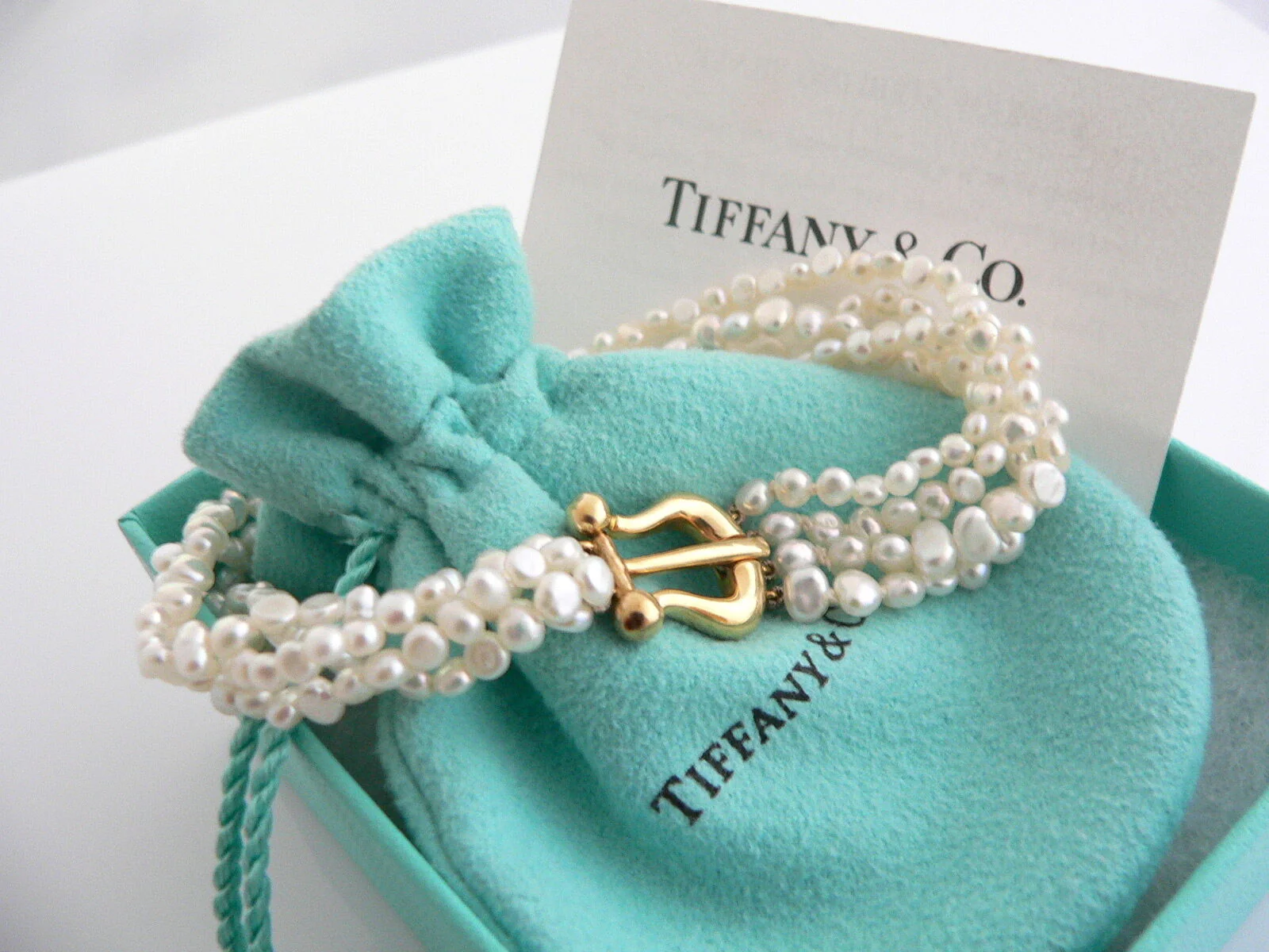 Tiffany & Co 18K Pearl Strand Bracelet Gold Picasso Bangle 8 In Love Gift Pouch