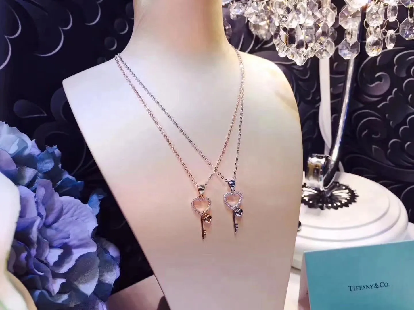 Couple Style Tiffany Keys Heart Key Crystals Pendant Necklace Lowest Price