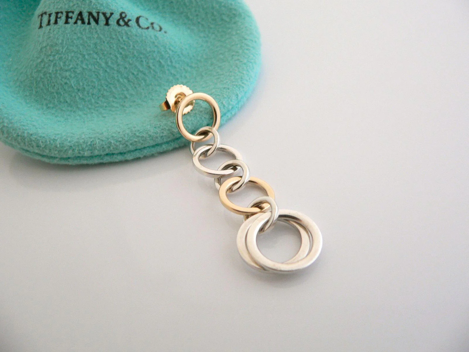 Tiffany & Co Silver 18K Gold Circles Dangling Dangle Earrings Love Gift Pouch