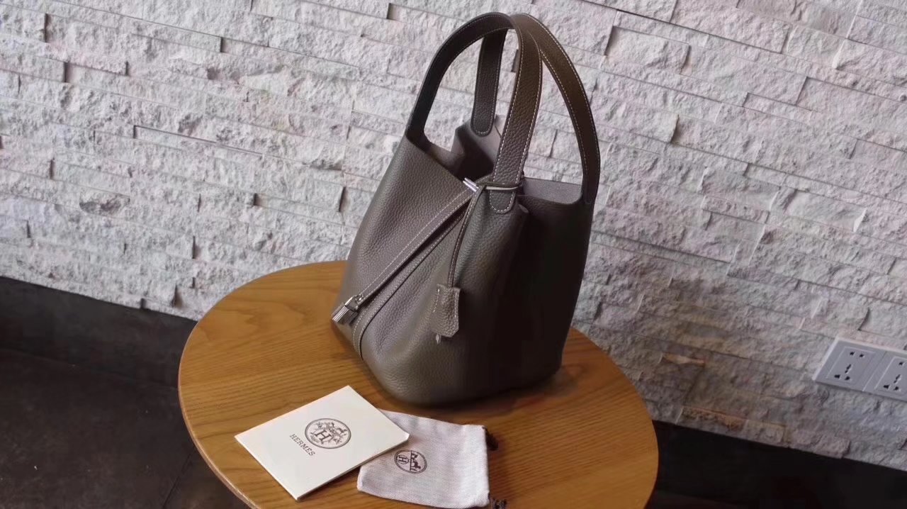 Hermes Picotin Lock Silver Leather Bag Grey