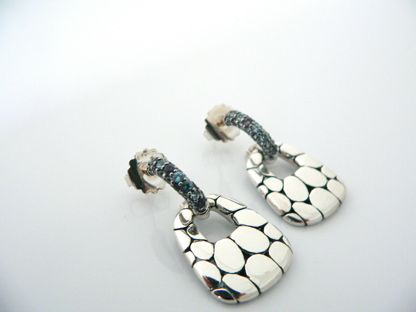 John Hardy Silver Blue Topaz Amethyst Gemstone Dangle Dangling Earrings 18K Post