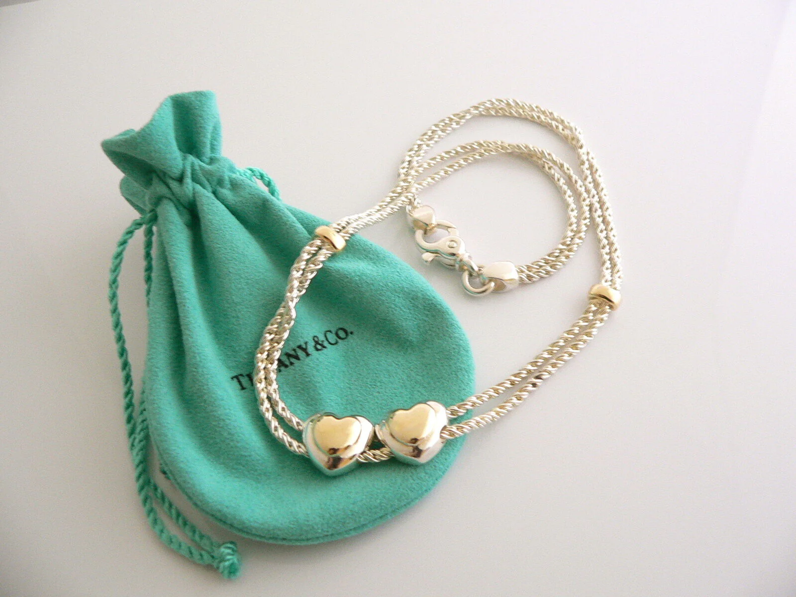 Tiffany & Co Silver 18K Gold Double Rope Sliding Puff Heart Necklace Charm Love