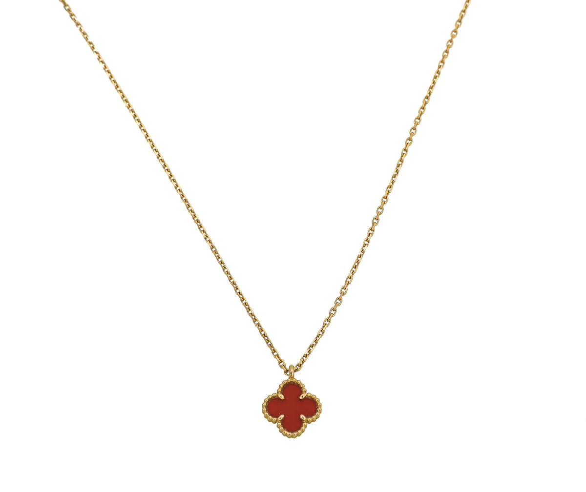 Van Cleef & Arpels 18K Rose Gold Carnelian Sweet Alhambra Pendant Necklace