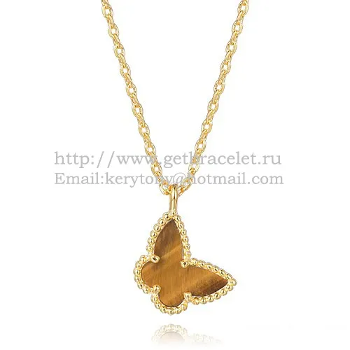 Van Cleef Arpels Lucky Alhambra Butterfly Necklace Yellow Gold With Tiger's Eye Mother Of Pearl