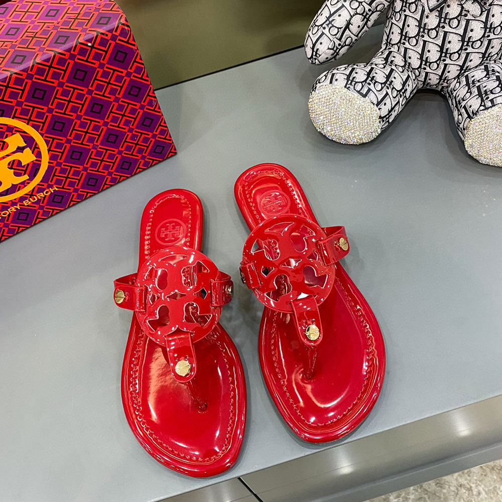 Tory Burch Leather Metal Double T Logo Flip-flops Sandals Slide (Replica)