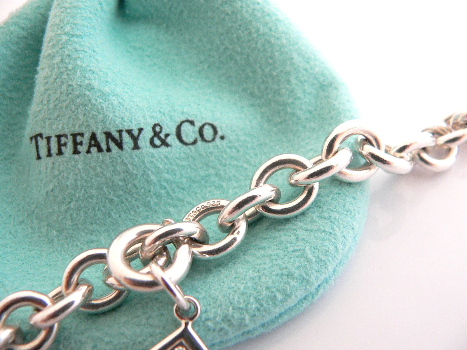 Tiffany & Co Silver Diamond Envelope Bracelet Charm Pendant Bangle 7.9 Inch Gift
