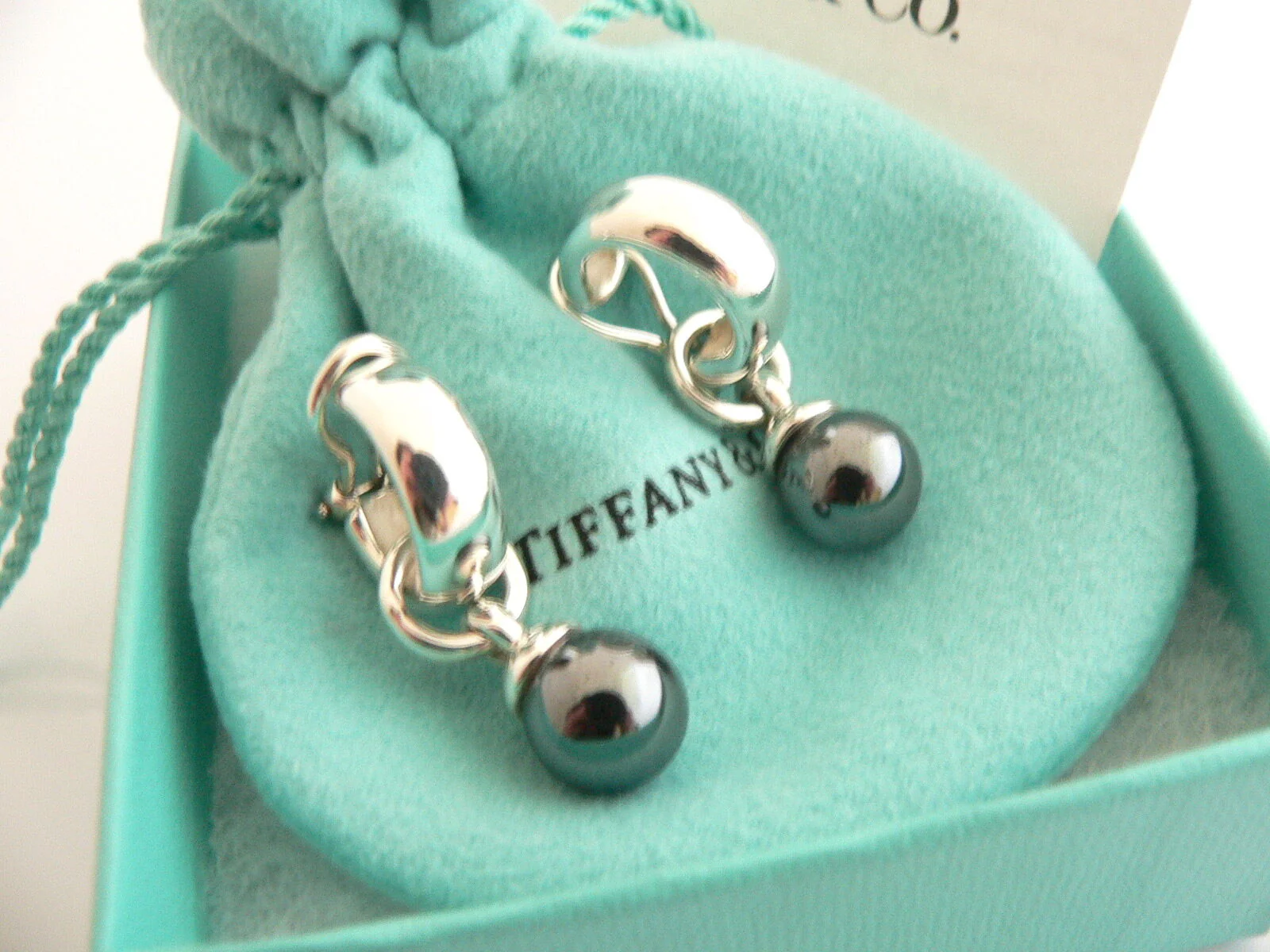Tiffany & Co Silver Hematite Fascination Ball Bead Dangling Dangle Earrings Gift