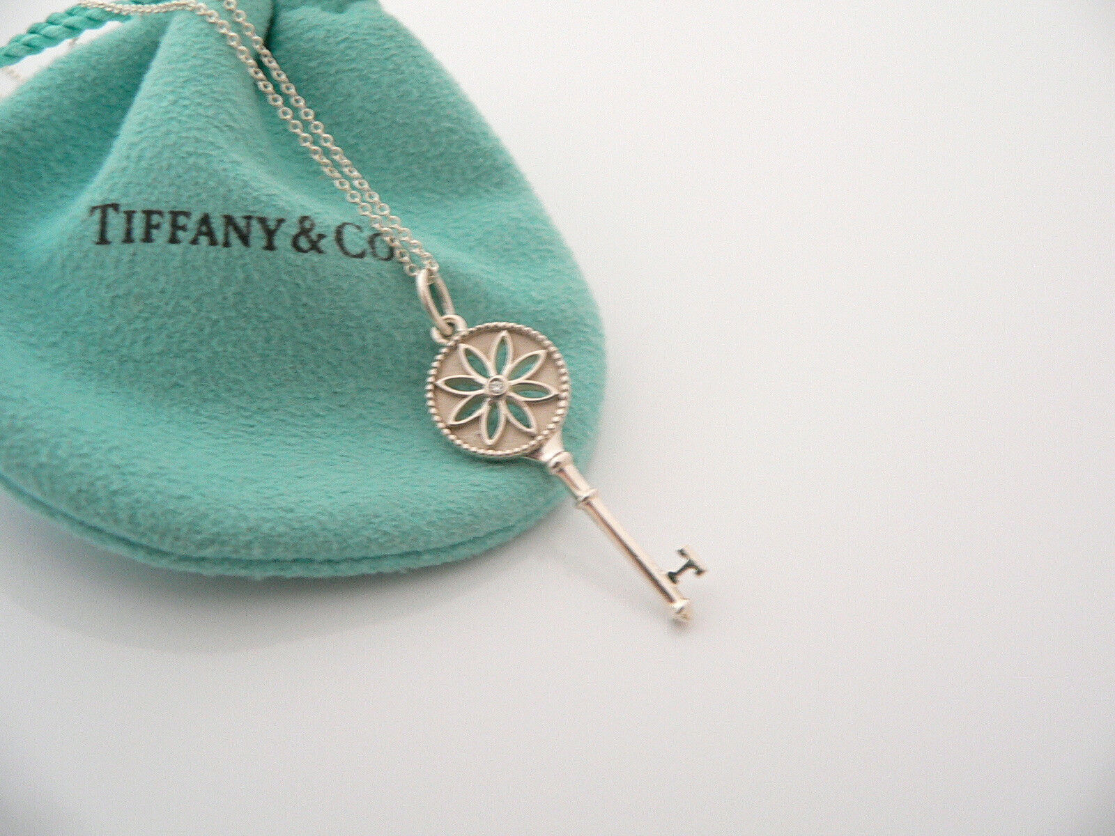 Tiffany Co Diamond Flower Necklace Nature Daisy Key Pendant Chain Gift Pouch Art