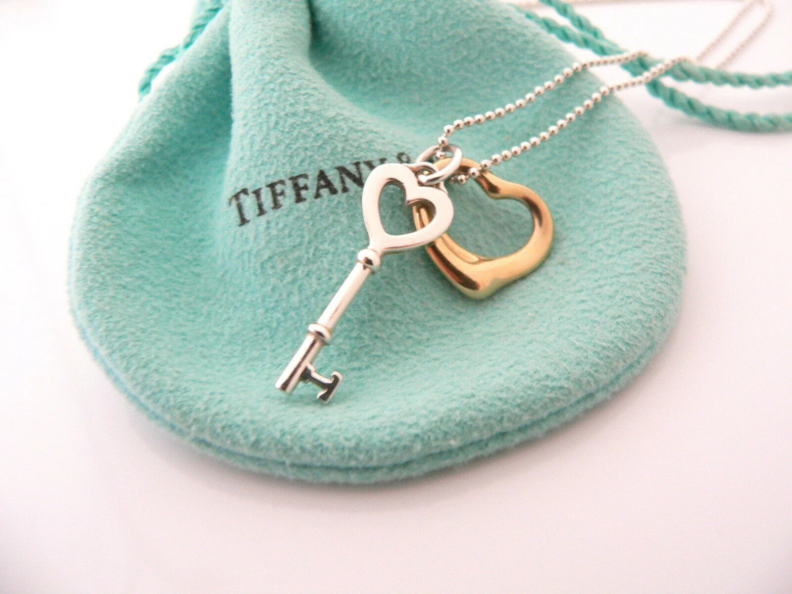 Tiffany Co Silver 18K Gold Open Heart Key Necklace Pendant Charm Chain Gift Love