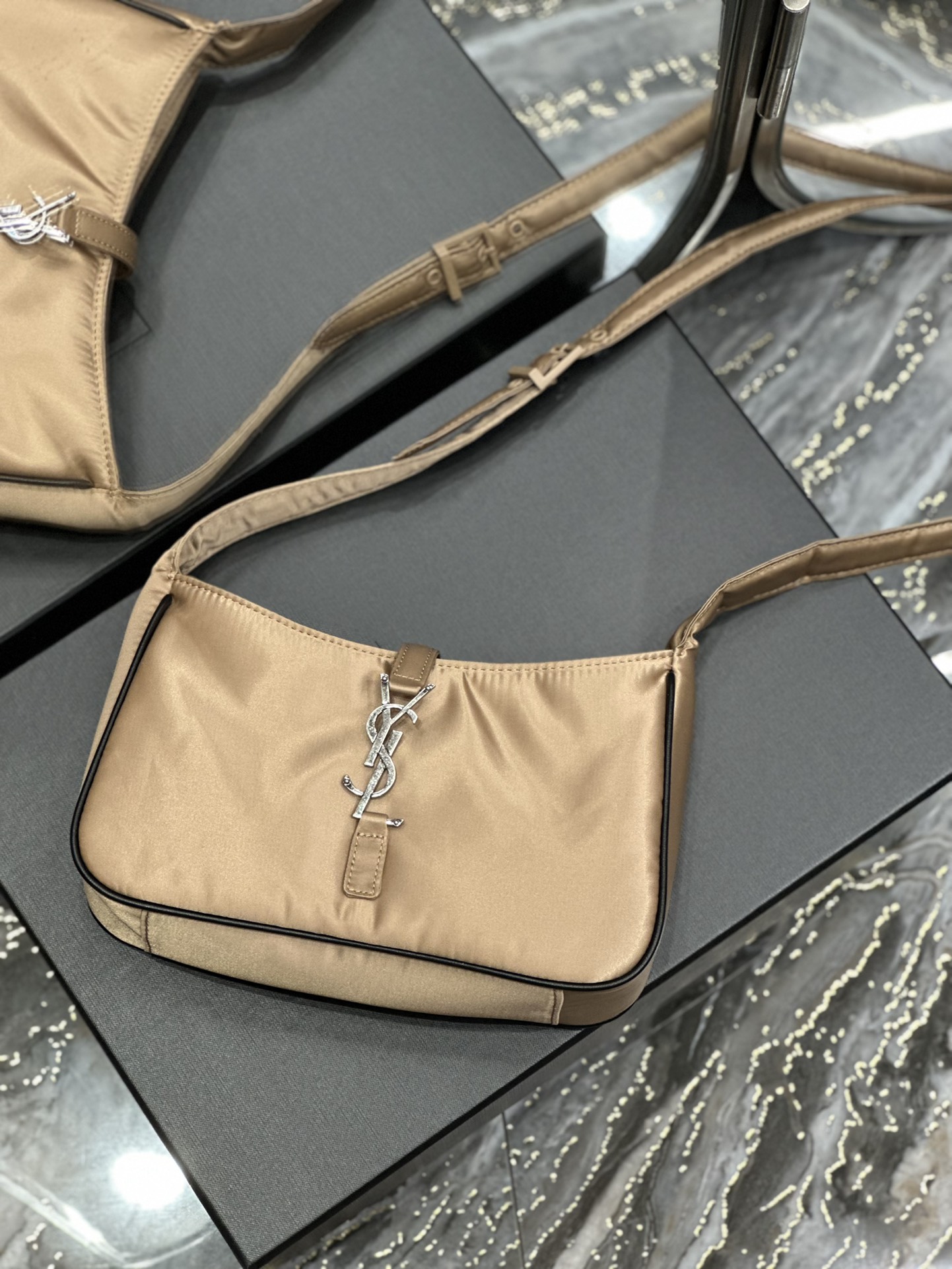 Saint Laurent 10A Handbag Shoulder Bag Top Mirror Quality Version Apricot Silver Buckle with Black Trim Nylon