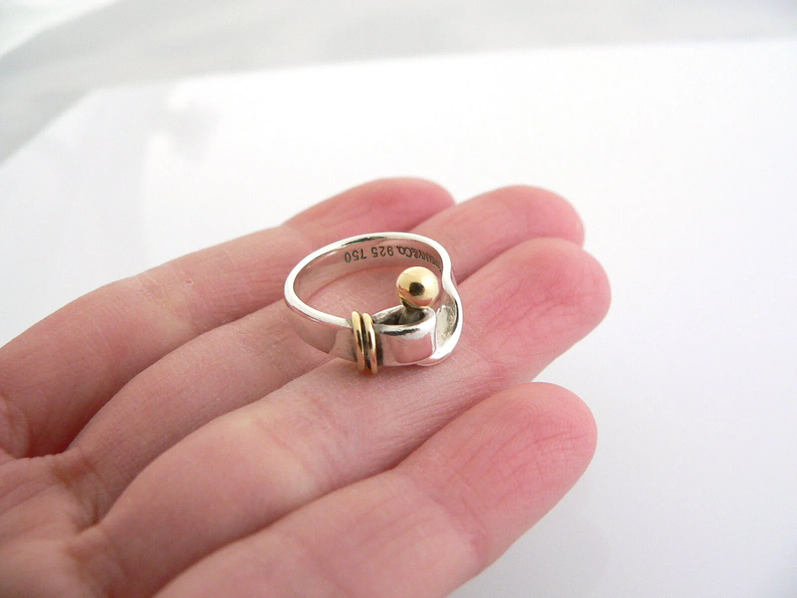 Tiffany & Co Silver 18K Gold Hook & Eye Ring Band Sz 4.5 Love Gift Rare