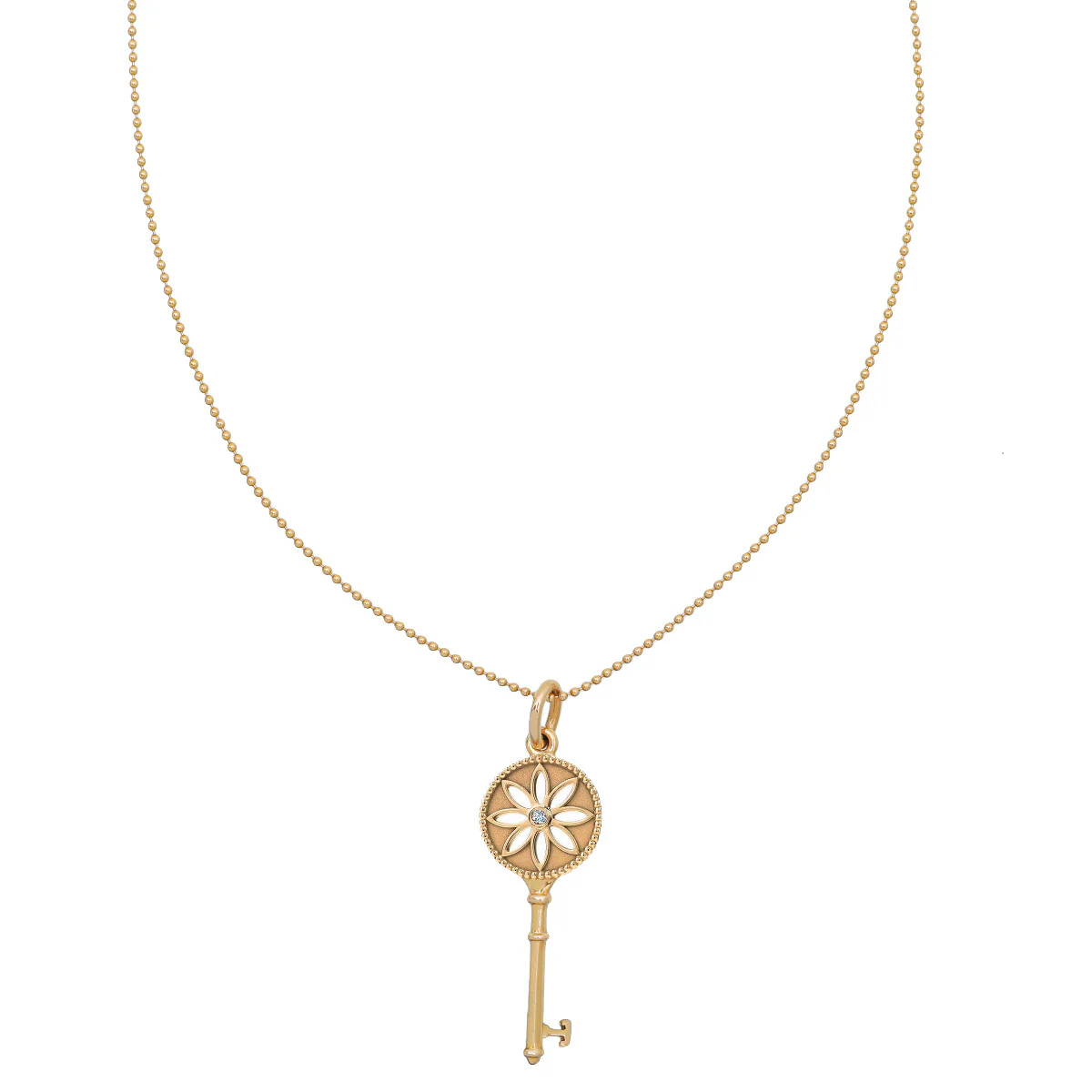 Tiffany & Co 18K Yellow Gold Diamond Daisy Key Pendant Beaded Chain Necklace